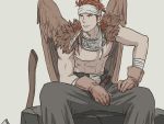  1boy abs black_pants brown_gloves brown_wings canopus_wolph earrings feather_earrings feathered_wings gloves headband jewelry long_hair male_focus pants redhead sitting solo tactics_ogre weapon windcaller wings 