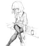  1girl breasts can closed_mouth dress glasses highres kotoyama looking_at_viewer medium_hair monochrome pantyhose solo 