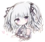  1girl :&lt; bangs barefoot black_jacket black_ribbon brown_skirt chibi closed_mouth commentary_request cottontailtokki eyebrows_visible_through_hair frilled_pillow frills full_body granblue_fantasy hair_between_eyes hair_ribbon heart jacket long_hair long_sleeves open_clothes open_jacket orchis pillow pleated_skirt ribbon silver_hair simple_background sitting skirt sleeves_past_fingers sleeves_past_wrists solo two_side_up violet_eyes white_background 