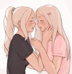  2girls black_shirt blonde_hair breasts commission english_commentary from_side hair_ornament hairclip highres i0525 long_hair medium_breasts multiple_girls original pink_shirt ponytail shirt tears touching two-tone_background upper_body yuri 