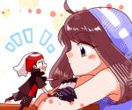  1boy 1girl black_hair blue_bandana blue_eyes blush brown_eyes brown_hair eye_contact gloves haruka_(pokemon) hat hibikileon long_hair looking_at_another miniboy pokemon pokemon_special sweat twintails white_background white_headwear yuuki_(pokemon) 