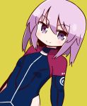  1girl alice_gear_aegis bangs blue_bodysuit blush bodysuit breasts closed_mouth dutch_angle eyebrows_visible_through_hair hair_between_eyes hirasaka_yotsuyu long_hair looking_at_viewer naga_u purple_hair simple_background small_breasts smile solo upper_body violet_eyes yellow_background 