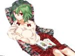  1girl absurdres alternate_costume bangs bare_shoulders book bow bra_strap breasts collarbone commentary_request feet_out_of_frame floral_print green_hair hair_between_eyes highres kanta_(pixiv9296614) kazami_yuuka large_breasts long_sleeves looking_at_viewer off-shoulder_sweater off_shoulder plaid plaid_skirt red_bow red_eyes red_skirt short_hair simple_background sitting skirt smile solo sweater touhou white_background white_sweater 