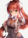  1girl blazer blush bow breasts brown_hair brown_jacket brown_sweater buttons collared_shirt doki_doki_literature_club green_eyes hair_bow hair_intakes high_ponytail highres holding holding_pen jacket large_breasts long_hair long_sleeves looking_at_viewer monika_(doki_doki_literature_club) neck_ribbon notebook pen ponytail ribbon school_uniform shirt shouu-kun simple_background smile solo sweater undershirt upper_body very_long_hair white_background white_bow wing_collar 