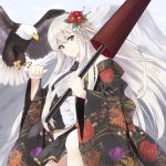  1girl azur_lane bald_eagle bangs belt bird bird_on_arm black_belt black_neckwear black_skirt breasts clenched_hand closed_umbrella clouds collared_shirt commentary_request cowboy_shot eagle enchuu enterprise_(azur_lane) eyebrows_visible_through_hair fan_print floral_print flower hair_flower hair_ornament head_tilt highres holding holding_umbrella japanese_clothes kimono large_breasts leg_up long_hair looking_at_viewer mountain necktie no_hat no_headwear no_shoes off-shoulder_kimono open_clothes open_kimono oriental_umbrella pleated_skirt print_kimono rose_hair_ornament shirt skirt sky sleeveless sleeveless_shirt smile solo_focus umbrella underbust violet_eyes white_hair wide_sleeves 