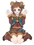  1girl :d ahoge animal_ears blush boots brown_footwear brown_hair brown_skirt character_request full_body fur-trimmed_skirt fur-trimmed_sleeves fur_trim green_eyes hair_ornament hands_up highres idolmaster long_sleeves looking_at_viewer open_mouth shone short_hair simple_background sitting skirt smile solo wariza white_background 