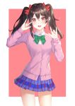  1girl \m/ absurdres bangs black_hair blue_skirt blush bow commentary_request eyebrows_visible_through_hair green_bow green_neckwear hair_between_eyes hair_bow highres jacket kokose long_hair long_sleeves looking_at_viewer love_live! love_live!_school_idol_project open_mouth pink_background pink_jacket red_eyes red_skirt simple_background skirt smile solo twintails two-tone_background two-tone_skirt white_background yazawa_nico 