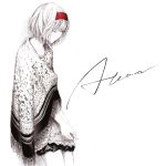  1girl against_wall album_cover album_name alice_margatroid artist_request closed_eyes collarbone cover cowboy_shot floral_print greyscale headband highres lace layered_skirt monochrome own_hands_together shawl simple_background smile solo spot_color standing touhou white_background white_theme 