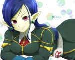  1girl belt blue_hair breast_press breasts demon_girl dragon_ball dragon_ball_heroes earrings jewelry long_hair looking_at_viewer lying pointy_ears red_eyes robelu smile solo thighs 