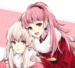  2girls alternate_costume closed_mouth earrings fire_emblem fire_emblem:_three_houses hilda_valentine_goneril japanese_clothes jewelry kimono long_hair long_sleeves lysithea_von_ordelia multiple_girls naho_(pi988y) open_mouth pink_eyes pink_hair ponytail simple_background smile twitter_username upper_body white_hair 