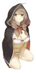  1girl absurdres ahoge bad_anatomy bad_arm bad_leg bad_perspective black_capelet black_footwear blush boots bra braid breasts brown_eyes brown_hair capelet goekawa hair_ribbon highres hood hooded_capelet kantai_collection large_breasts long_hair navel open_mouth red_ribbon ribbon shinshuu_maru_(kantai_collection) simple_background solo twin_braids underwear white_background white_bra 