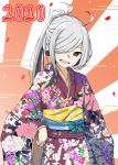  1girl 2020 ahoge asashimo_(kantai_collection) commentary_request floral_print grey_eyes grin hair_over_one_eye japanese_clothes kantai_collection kimono long_hair moti_coi ponytail purple_kimono rising_sun sharp_teeth silver_hair smile solo sunburst sunburst_background teeth 