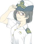  1girl bangs black_hair breasts female_service_cap glasses grin hat highres kantai_collection kirishima_(kantai_collection) military military_uniform naval_uniform ninimo_nimo red-framed_eyewear shirt short_hair short_sleeves silver_hair simple_background smile solo uniform upper_body white_background white_headwear white_shirt 