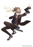  1boy black_gloves black_pants black_suit brown_hair company_name firing food_fantasy formal full_body gloves gun high_ponytail highres knife looking_at_viewer necktie official_art pants ponytail red_eyes red_neckwear rezia sheath sheathed shoes smile smoke solo suit vest weapon 