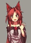 1girl animal_ears bare_shoulders blush brooch dress fangs imaizumi_kagerou jewelry lirilias long_hair long_sleeves off-shoulder_dress off_shoulder red_eyes redhead simple_background smile strapless strapless_dress touhou waving wolf_ears 