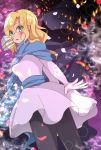  1girl akkord_(tear_ring_saga) b_b_suke blonde_hair blush cape gloves green_eyes hood long_hair open_mouth petals solo sparkle thigh-highs vestaria_saga 