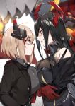  2girls azur_lane bangs bare_shoulders black_dress black_jacket blurry breast_press breasts buttons closed_mouth collared_shirt crossed_arms dress eye_contact eyebrows_visible_through_hair friedrich_der_grosse_(azur_lane) from_side gloves grey_background grey_shirt grin hair_between_eyes headgear hidebuu iron_cross jacket light_brown_hair looking_at_another machinery mechanical_horns military military_uniform multicolored_hair multiple_girls profile red_gloves redhead roon_(azur_lane) shaded_face shiny shiny_hair shirt short_hair sidelocks sleeveless sleeveless_dress smile streaked_hair symmetrical_docking turtleneck_dress uniform upper_body white_background yellow_eyes 