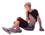  1boy abs arm_support bangoul black_legwear black_shirt bokuto_koutarou full_body grey_hair haikyuu!! knee_pads looking_to_the_side male_focus midriff muscle navel pulling shirt shoes short_hair short_sleeves shorts simple_background sitting sneakers solo spiky_hair steam sweatdrop t-shirt white_background white_shorts yellow_eyes 