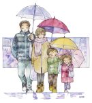  2boys 2girls :o ^_^ bag black_legwear blue_coat blue_pants blush braid brother_and_sister brown_hair carrying_over_shoulder child closed_eyes closed_mouth coat commentary_request crayon_(medium) facing_viewer family graphite_(medium) green_coat hand_in_pocket happy holding holding_umbrella husband_and_wife ina_(gonsora) lineup long_sleeves looking_at_another multiple_boys multiple_girls pants pantyhose pink_scarf plastic_bag rain red_coat scarf shared_umbrella shoe_soles shoes short_hair siblings smile sneakers toggles traditional_media twin_braids twintails umbrella walking white_background yellow_coat yellow_footwear 