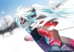  1girl bai_yemeng bangs black_gloves blue_eyes blue_hair blue_sky blurry blurry_background blurry_foreground chinese_commentary commentary day depth_of_field floating_hair fringe_trim gloves hatsune_miku highres hood hood_down hooded_jacket jacket long_hair long_sleeves looking_away outdoors parted_lips profile red_jacket scarf signature ski_goggles skiing sky smile snow solo twintails vocaloid white_scarf 