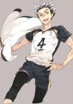  1boy black_hair black_legwear black_shorts bokuto_koutarou collarbone grey_background grey_hair haikyuu!! hand_on_hip holding holding_clothes holding_jacket jacket knee_pads long_sleeves looking_at_viewer male_focus multicolored_hair number open_mouth shirt short_hair short_sleeves shorts simple_background solo spiky_hair sportswear t-shirt teeth toujou_sakana track_jacket two-tone_hair uniform volleyball_uniform white_jacket yellow_eyes 