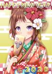  1girl 2020 bang_dream! bangs blush bow brown_hair checkered checkered_background cherry_blossom_print commentary_request floral_print flower green_background hair_flower hair_ornament hairclip hanetsuki happy_new_year highres holding japanese_clothes kimono long_sleeves looking_at_viewer mofumofu_122 mouse_print new_year obi plaid plaid_bow print_kimono sash shadow sidelocks smile solo toyama_kasumi upper_body violet_eyes 