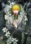  1boy absurdres bangs blonde_hair blood blurry candle candlelight candlestand catree chain closed_mouth coffin collared_shirt cowboy_shot depth_of_field earrings flower flower_to_mouth formal highres holding holding_flower hunter_x_hunter in_container jewelry kurapika lily_(flower) long_sleeves looking_at_viewer lying male_focus necktie on_back pants red_eyes red_flower red_rose ring rose shirt single_earring smoke solo suit thorns weapon white_flower white_rose yellow_neckwear yellow_shirt 
