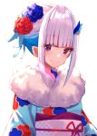  1girl absurdres bangs blue_flower blue_hair blue_kimono blue_ribbon blue_rose braid closed_mouth commentary_request eyebrows_visible_through_hair floral_print flower fur_collar hair_flower hair_ornament hair_ribbon highres japanese_clothes kimono lize_helesta looking_at_viewer multicolored_hair nijisanji obi print_kimono red_flower red_rose ribbon rose sash simple_background smile solo two-tone_hair upper_body violet_eyes virtual_youtuber white_background white_hair yuuki_nao_(pixiv10696483) 