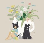  156m 1girl 2019 :3 absurdres animal_ears aqua_shirt bandaid bandaid_on_arm bandaid_on_knee bare_legs bear bird black_bear black_eyes black_hair blush book bug cat_ears cat_tail chicken cup dated fish flower flying_fish grey_background hair_ornament hairclip highres insect ladybug legs_together looking_at_viewer original oversized_object pig rabbit reading shirt signature simple_background sitting solo t-shirt tail 