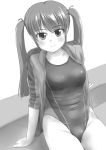 1girl breasts commentary_request competition_swimsuit covered_nipples cowboy_shot greyscale highres jacket light_smile long_hair looking_at_viewer monochrome one-piece_swimsuit open_clothes open_jacket original simple_background sitting small_breasts solo swimsuit tk4 track_jacket twintails 
