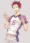  1boy arms_up bandaged_fingers bandages collarbone grey_background haikyuu!! looking_at_viewer male_focus number open_mouth red_eyes redhead shirt short_hair short_sleeves simple_background solo spiky_hair sportswear t-shirt teeth tendou_satori tongue toujou_sakana uniform volleyball_uniform 