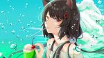  1girl animal_ears bangs black_hair blush bubble casual cherry closed_mouth clouds cup dog_ears dog_girl dog_hair_ornament drinking_glass drinking_straw drinking_straw_in_mouth flower food fruit hair_flower hair_ornament heterochromia highres ibuki_(ibuki0118) ice_cream ice_cream_float inui_toko looking_at_viewer melon_soda nijisanji off_shoulder red_eyes shirt smile solo sweat twintails upper_body virtual_youtuber white_shirt yellow_eyes 