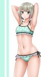  1girl armpits arms_up bangs bare_arms bare_shoulders bikini blush collarbone commentary english_commentary eyebrows_visible_through_hair fang fang_out frilled_bikini frills green_bikini green_eyes grey_hair grin highres kazenokaze looking_at_viewer miyu_ottavia multicolored_hair navel nijisanji nijisanji_id print_bikini purple_hair side-tie_bikini smile solo streaked_hair swimsuit virtual_youtuber 