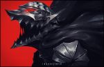  1boy absurdres armor berserk black_cape cape densen_(itoguchi) helmet highres male_focus open_mouth pauldrons red_background red_eyes signature simple_background solo 