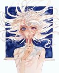  1girl absurdres aqua_background blue_eyes finger_to_mouth floating_hair heterochromia highres looking_at_viewer open_window original portrait shushing simple_background solo traditional_media umauma623 upper_body violet_eyes watercolor_(medium) white_hair window 