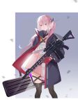  1girl absurdres ar-15 assault_rifle bangs black_legwear blush collar dress eyebrows_visible_through_hair girls_frontline gloves grey_background grey_eyes grey_ribbon gun hair_between_eyes hair_ornament hair_ribbon highres holding holding_gun holding_suitcase holding_weapon jacket long_hair looking_at_viewer minthusky one_side_up parted_lips pink_hair pink_skirt red_gloves ribbon rifle scope side_ponytail sidelocks simple_background skirt solo st_ar-15_(girls_frontline) standing suitcase thigh-highs thigh_strap upper_body weapon 