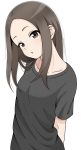  1girl absurdres arms_behind_back black_shirt brown_eyes brown_hair forehead highres ito_kashiwamochi karakai_jouzu_no_takagi-san looking_at_viewer shirt short_hair short_sleeves simple_background solo takagi-san white_background 