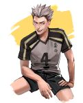  1boy black_shorts bokuto_koutarou collarbone grey_hair haikyuu!! hand_on_own_leg looking_at_viewer male_focus mistermagnolia number shirt short_hair short_sleeves shorts simple_background sitting smile solo spiky_hair sportswear t-shirt teeth two-tone_background volleyball_uniform white_background yellow_background yellow_eyes 