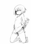  1girl barefoot blouse blush cyclops denim denim_shorts expressionless from_below greyscale hand_on_hip highres kneeling lifted_by_self looking_at_viewer monochrome one-eyed original shima_(sh1mamu) shirt_lift shorts simple_background sketch solo thick_eyebrows tiptoes 