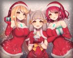  3girls bare_shoulders blonde_hair breasts christmas dress eyebrows_visible_through_hair fangs gift hat headpiece mythra_(xenoblade) holding pyra_(xenoblade) multiple_girls niyah_(blade) orange_eyes red_dress redhead sack santa_costume santa_hat short_dress silver_hair tiara watermark xenoblade_(series) xenoblade_2 yellow_eyes 