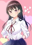  1girl black_hair boku_no_kokoro_no_yabai_yatsu breasts closed_mouth heart large_breasts long_hair looking_at_viewer neck_ribbon red_ribbon ribbon sakayama_shinta school_uniform shirt skirt solo white_shirt yamada_anna 