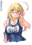  1girl blonde_hair blue_eyes blush book breasts commentary ebifurya eyebrows_visible_through_hair glasses hair_between_eyes highres i-8_(kantai_collection) kantai_collection large_breasts low_twintails name_tag one-piece_swimsuit open_mouth red-framed_eyewear school_swimsuit semi-rimless_eyewear simple_background solo swimsuit twintails twitter_username under-rim_eyewear white_background 