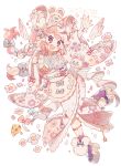  1girl 2020 :&lt; :d animal animal_on_head ankle_bow ankle_strap blush bow braid cheese chinese_zodiac clenched_hand commentary_request floral_print flower food fork full_body hair_bow happy_new_year highres japanese_clothes kimono knees_together_feet_apart looking_at_viewer maid_headdress mouse mouse_girl mouse_on_head multicolored_hair nengajou new_year on_head open_mouth original outstretched_arm pastel_colors pink_hair platform_footwear sash simple_background smile solo two-tone_hair violet_eyes wakanagi_eku white_background white_hair wide_sleeves year_of_the_rat 