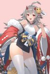  1girl :d ahoge armpits azur_lane bare_shoulders claw_pose commentary_request cuboon fur_trim grey_hair hair_ornament hand_on_hip hand_up hibiki_(azur_lane) hibiki_(new_year&#039;s_little_imp)_(azur_lane) horns japanese_clothes kanzashi leg_up long_hair looking_at_viewer off_shoulder open_mouth platform_footwear red_eyes shirt sleeveless sleeveless_shirt smile solo thigh-highs thighs twitter_username very_long_hair white_legwear wide_sleeves zouri 