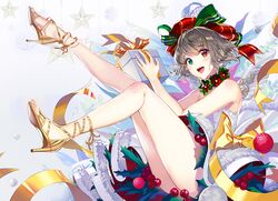  1girl :d bare_legs bauble blush bow box breasts commentary dress flower full_body fur-trimmed_dress gift gift_box gradient gradient_background green_bow green_eyes grey_background hair_bow heterochromia high_heels holding holding_gift holly honnou_(kjs9504) legs legs_up open_mouth original red_bow red_eyes red_flower ribbon silver_hair smile snowflakes solo star symbol_commentary white_dress yellow_bow yellow_footwear yellow_ribbon 