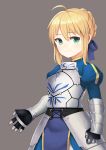  1girl ahoge armor armored_dress artoria_pendragon_(all) blonde_hair blush brown_background fate/grand_order fate/stay_night fate/unlimited_codes fate_(series) gauntlets green_eyes highres looking_at_viewer saber simple_background sizeaton smile solo 