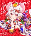  1girl 2020 :d animal_ear_fluff animal_ears bangs blush bow cheese chin_rest chinese_zodiac commentary_request crossed_bangs dated english_text flower food fruit hair_between_eyes hair_flower hair_ornament hairclip happy_new_year highres japanese_clothes kimono kouhaku_nawa long_hair long_sleeves looking_at_viewer low_twintails lying mandarin_orange morikura_en mouse mouse_ears mouse_tail new_year on_stomach open_mouth original petite petting red_background red_eyes short_eyebrows signature smile snowflake_background socks solo swiss_cheese tabi tail twintails white_footwear white_hair year_of_the_rat yukata 