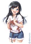 1girl alternate_costume asashio_(kantai_collection) belt black_belt black_hair blue_eyes blue_shorts bokukawauso buckle casual collarbone commentary_request denim denim_shorts ebifurya hands_on_own_chest highres kantai_collection long_hair looking_at_viewer mascot open_mouth original otter shirt shorts simple_background smile solo t-shirt twitter_username white_background 