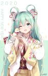  1girl 2020 animal eyebrows_visible_through_hair fang flower green_background green_eyes green_hair hair_between_eyes hair_flower hair_ornament happy_new_year hatsune_miku highres holding holding_animal japanese_clothes k.syo.e+ kimono long_hair nail_polish new_year one_eye_closed open_mouth solo twintails upper_body very_long_hair vocaloid white_background 