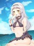  1girl bangs bare_shoulders bikini blunt_bangs blush bracelet breasts clouds food groin headband highres hololive jewelry lens_flare long_hair looking_at_viewer mao_hinata murasaki_shion navel ocean orange_eyes outdoors popsicle sitting sky small_breasts solo swimsuit virtual_youtuber white_hair 